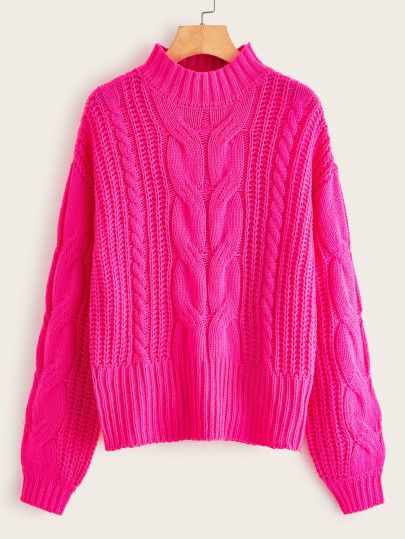 Neon Pink Drop Shoulder Cable Knit Sweater | SHEIN