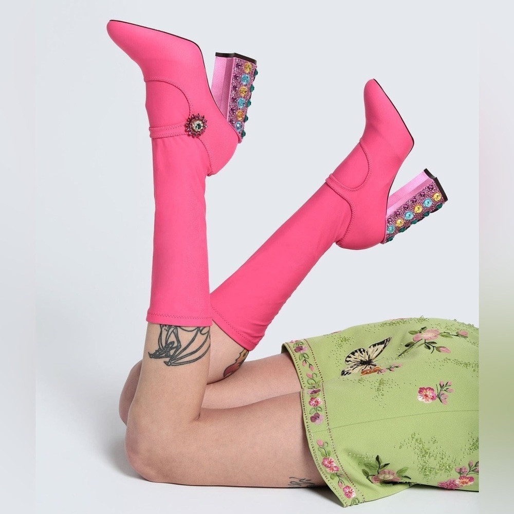 NIB Dolce & Gabbana Pink Nylon Crystal Vally High Boots Jewel Embellished 37 | Poshmark