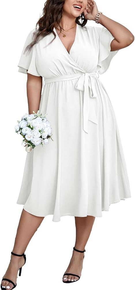 SCOMCHIC Womens Plus Size Wedding Guest Cocktail Midi Dress Summer Short Sleeve Wrap V Neck Belte... | Amazon (US)