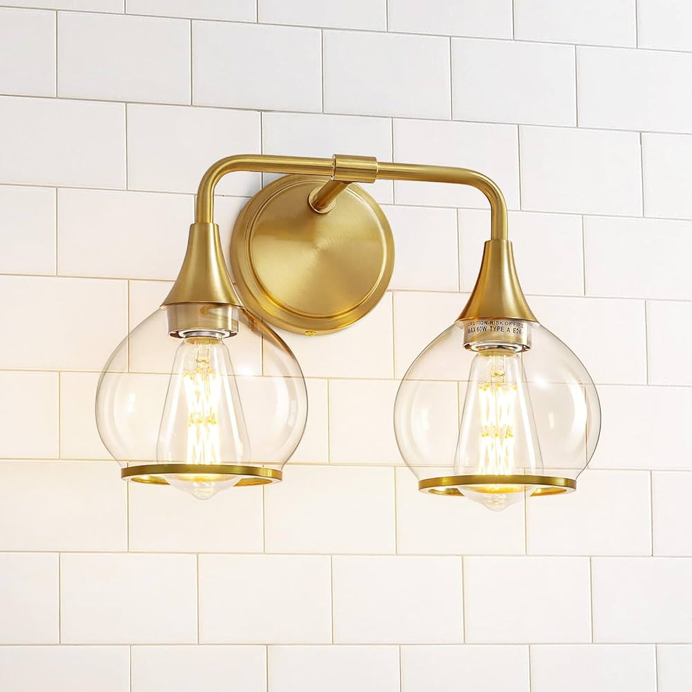 Gold Bathroom Light Fixtures 2-Lights Vanity Lights with Clear Glass Shade Bathroom Vanity Light ... | Amazon (US)
