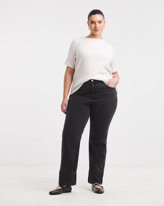 Black Turn Up Hem Straight Leg Jeans | Simply Be (UK)