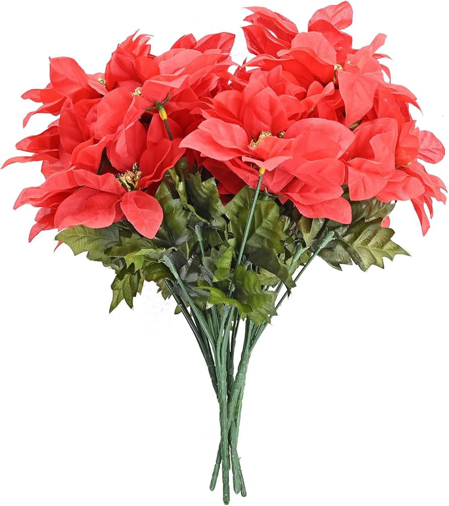 Atoke 6PCS Christmas Flowers Artificial Poinsettia Flowers 7 Head Fake Poinsettia Bush Flowers Si... | Amazon (UK)