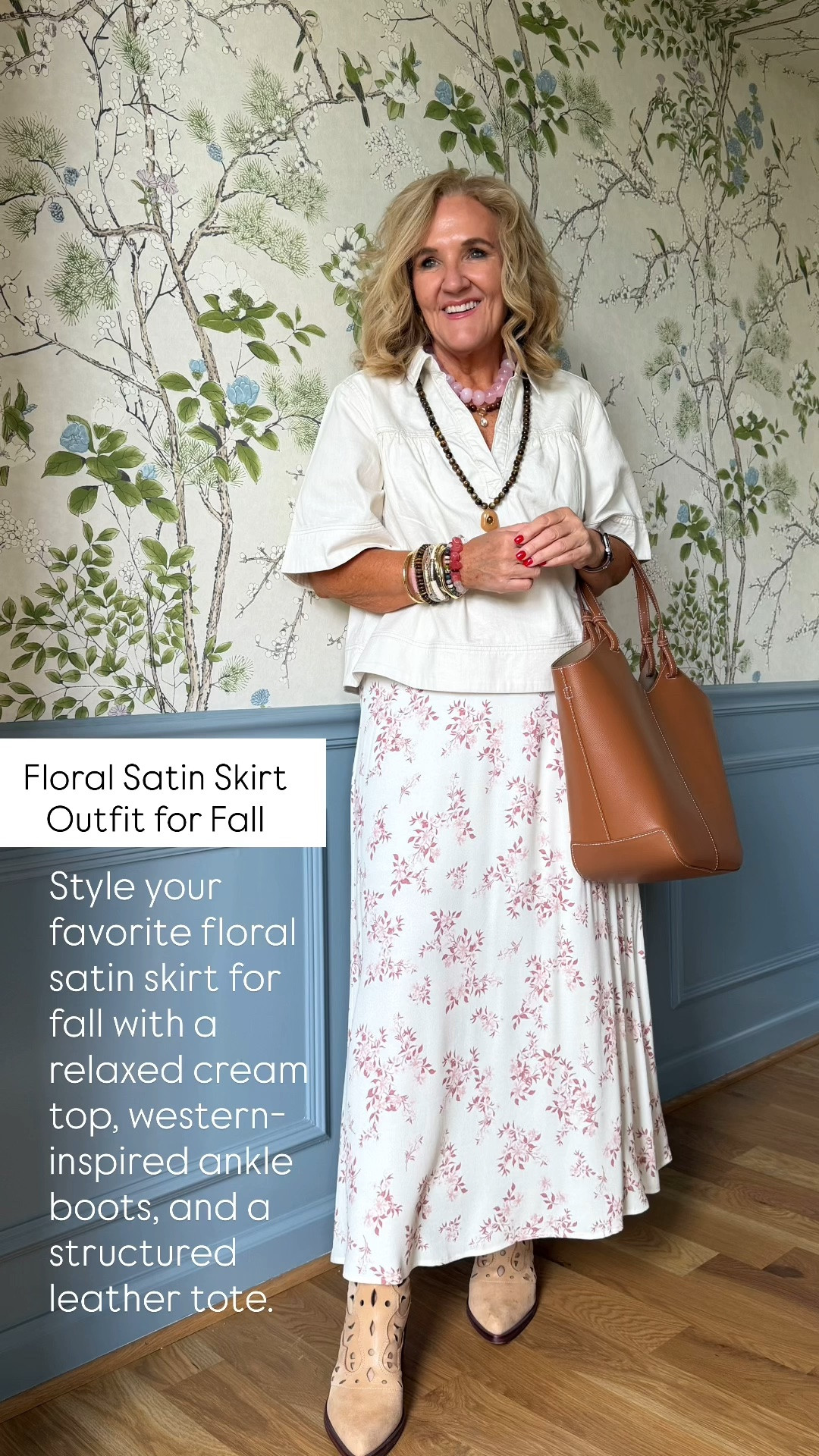 This feminine floral satin skirt transitions beautifully into fall with just a few simple swaps. Paired with a relaxed cream top, western-inspired ankle boots, and a structured leather tote, it’s an effortless look that’s perfect for brunch, shopping, casual workdays, or weekend outings.

💡 LTK MADE EASY
❤️ Heart = Support my posts!
🔖 Save = Get sale & restock alerts
📋 Lists = Keep favorites organized
📲 Share = Send lists and products to a friend. Hello, Christmas List!
💬 Comment = Ask me anything about what I’m wearing. :-)

#LTKootd #LTKSeasonal #LTKOver40