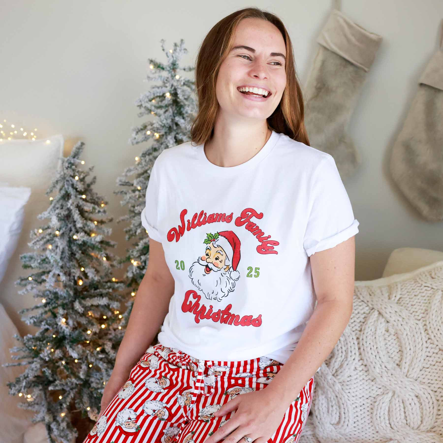 Santa Family Christmas Personalized Adult Graphic Tee | White | Caden Lane