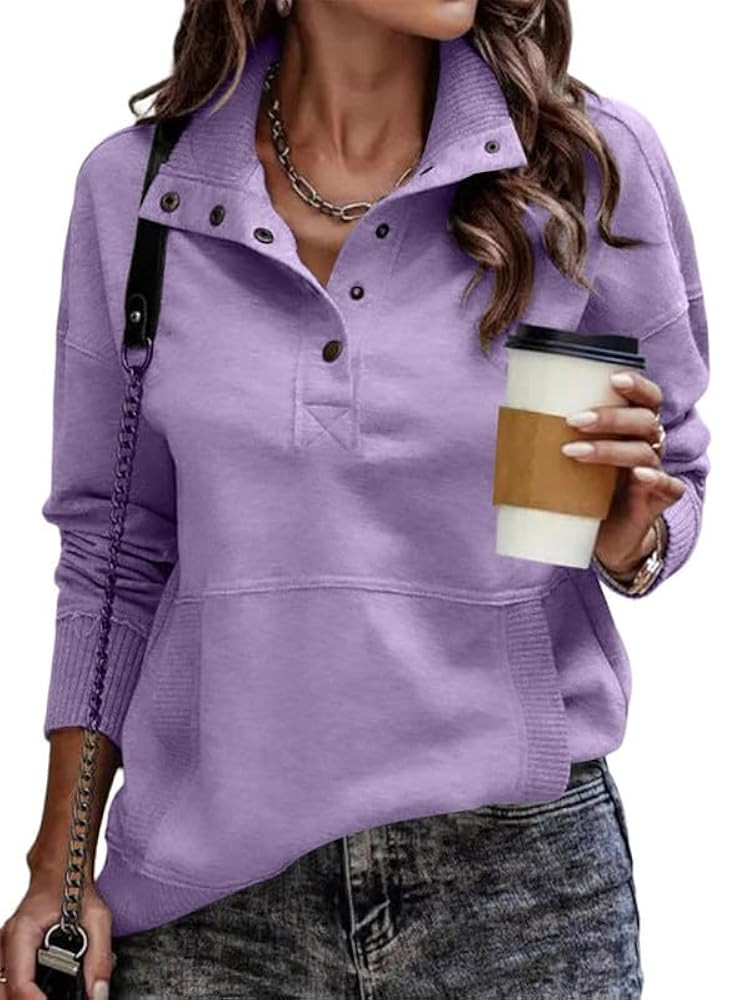SHEWIN Womens Sweatshirt Casual Long Sleeve Lightweight Sweatshirts Button Loose Pullover Tops | Amazon (US)