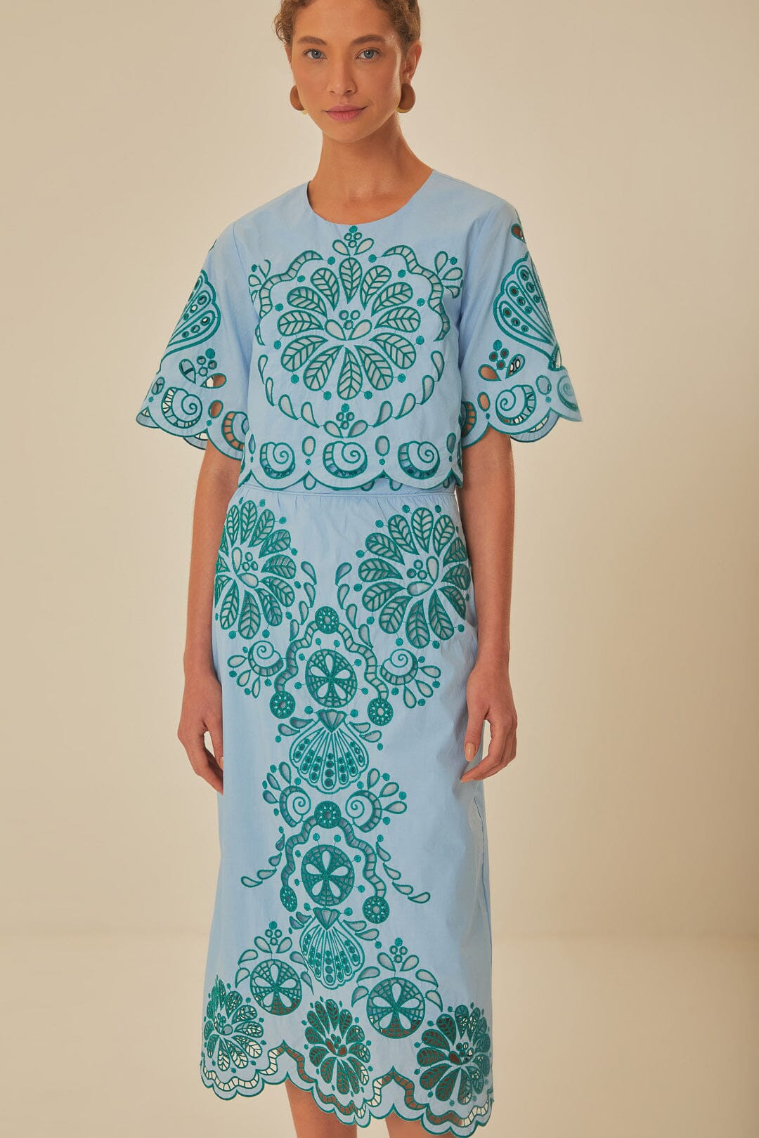 Light Blue And Green Graphic Richelieu Midi Skirt | FarmRio (US)