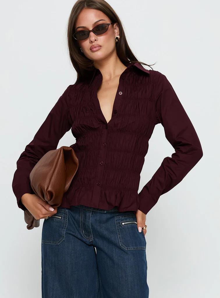 Cultivate Shirred Long Sleeve Top Plum | Princess Polly US