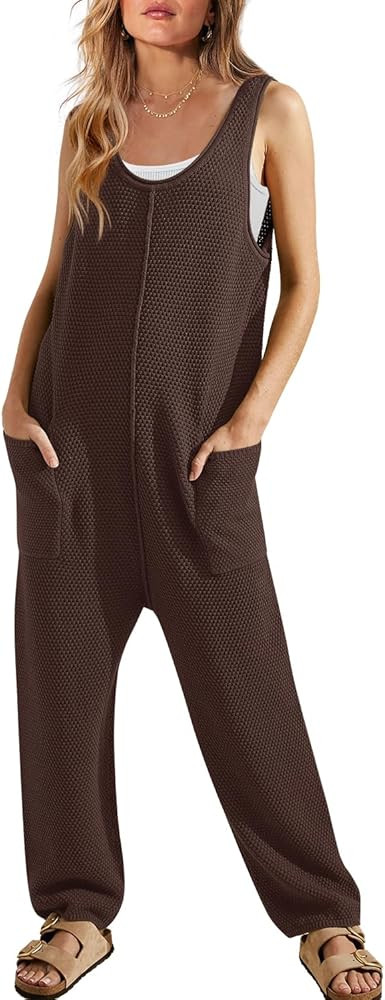 Womens Ribbed Knit Jumpsuit Sweater Romper Sleeveless One Piece Pajamas Loungewear Long Pants Romper | Amazon (US)