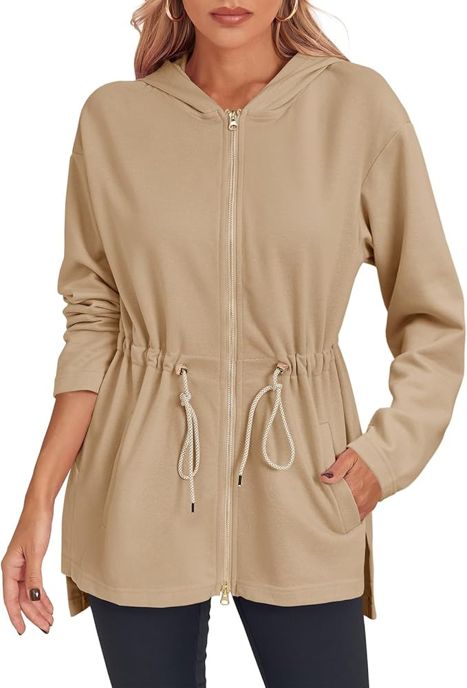 Fisoew Women's Zip Up Hoodie Sweatshirts Oversized Long Sleeve Casual Drawstring Waist Side Slit ... | Amazon (US)