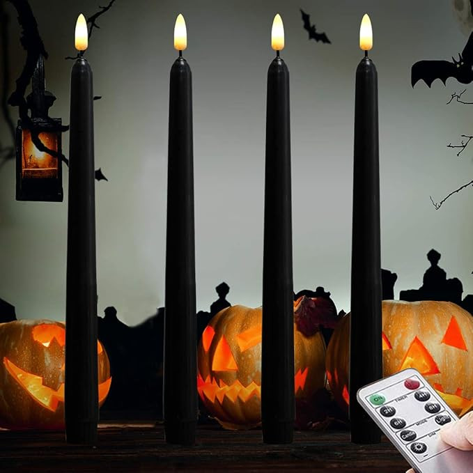 Amazon.com: Halloween 4 Pack Black 11'' LED Wax Covered Taper Candles, Flameless Battery Operated... | Amazon (US)