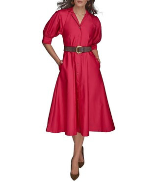 Cotton Sateen Collared Neck Short Sleeve Belted Midi Shirt Dress | Dillard's