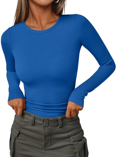 AUTOMET Long Sleeve Shirts for Women Ribbed Knit Fall Tops Casual Basic Fitted T Tshirts Tight Underscrub Slim Cotton 2024 Trendy Teen Outfits Fashion Cute Clothes Going Out Undershirt Royal Blue M | Amazon (US)
