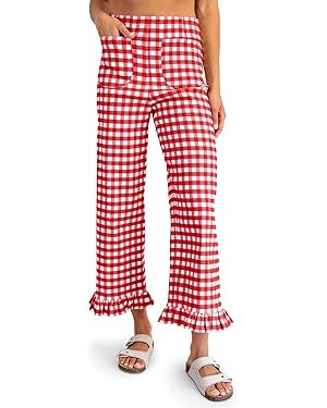 Tankaneo Womens Gingham Pants Summer Casual Ruffle Hem Elastic Waist Lounge Pants Y2k Plaid Trous... | Amazon (US)
