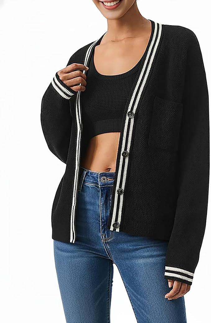 TQD Cardigan Sweaters for Women Lightweight Open Front Button Up Knit Cardigans Tops Striped Trim... | Amazon (US)