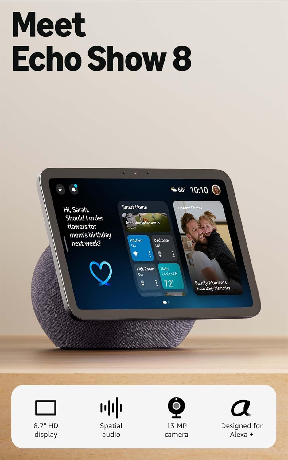 Amazon Echo Show 8 (newest model), Vibrant HD 8.7" display with spatial audio, Designed for Alexa+, Graphite | Amazon (US)