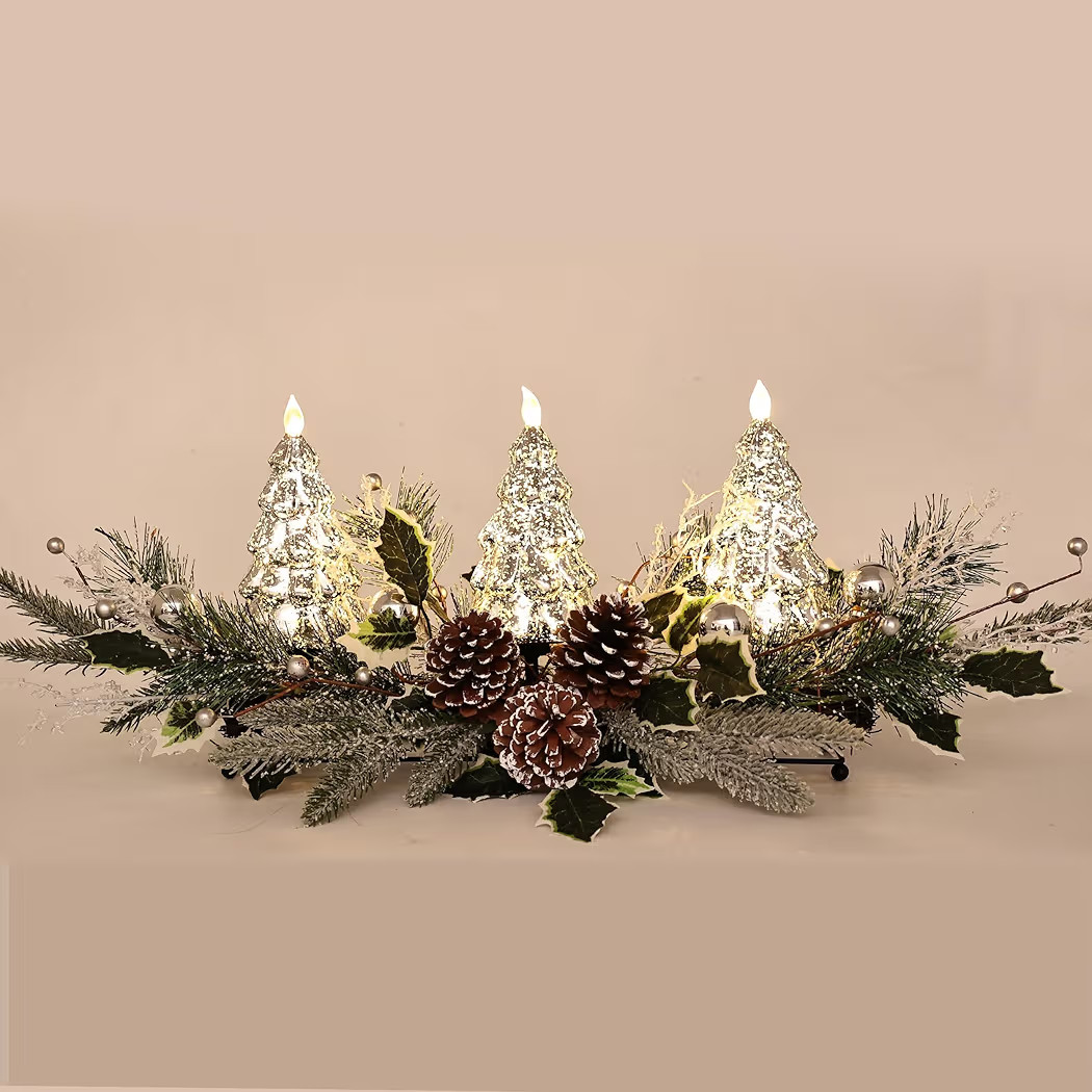 Christmas Table Centerpiece with LED Lights, Silver Christmas Tree Decoration, Natural Pine Cones... | Amazon (US)