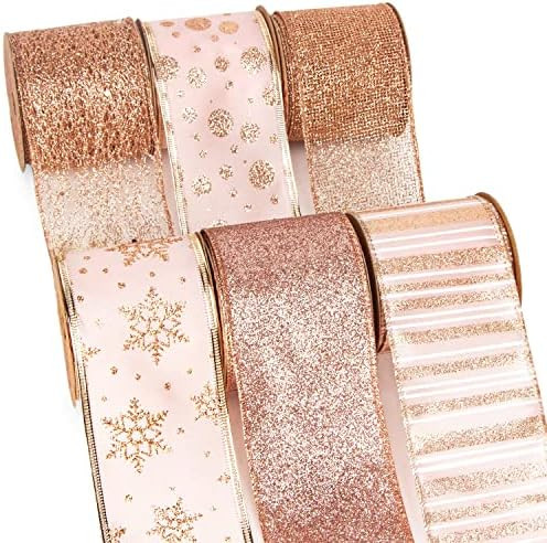 Ribbli Christmas Ribbon Wired Rose Gold Christmas Tree Ribbon Glitter Christmas Wired Ribbons for... | Amazon (US)