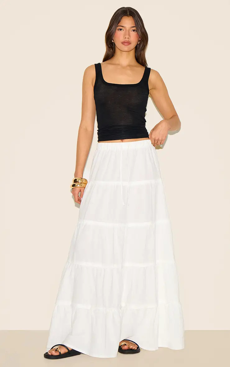 White Cotton Tiered Drawstring Waist Maxi Skirt | PrettyLittleThing USA | PrettyLittleThing US