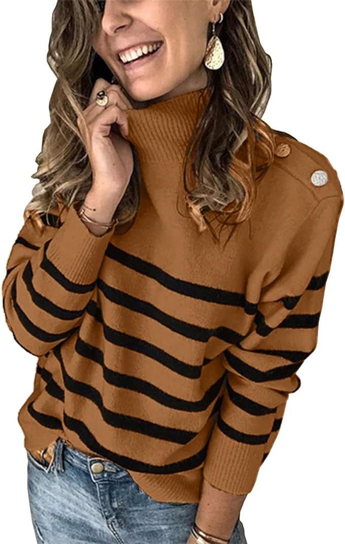 KIRUNDO Women's 2024 Fall Winter Long Sleeve Knit Sweater Turtleneck Striped Loose Pullover Tops ... | Amazon (US)