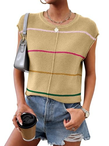Bellcoco Womens Cap Sleeve Summer Tops Striped Sweater Vest Lightweight Casual Crewneck Loose Knit Pullover Tank Top Beach Vacation Outfits Apricot S | Amazon (US)