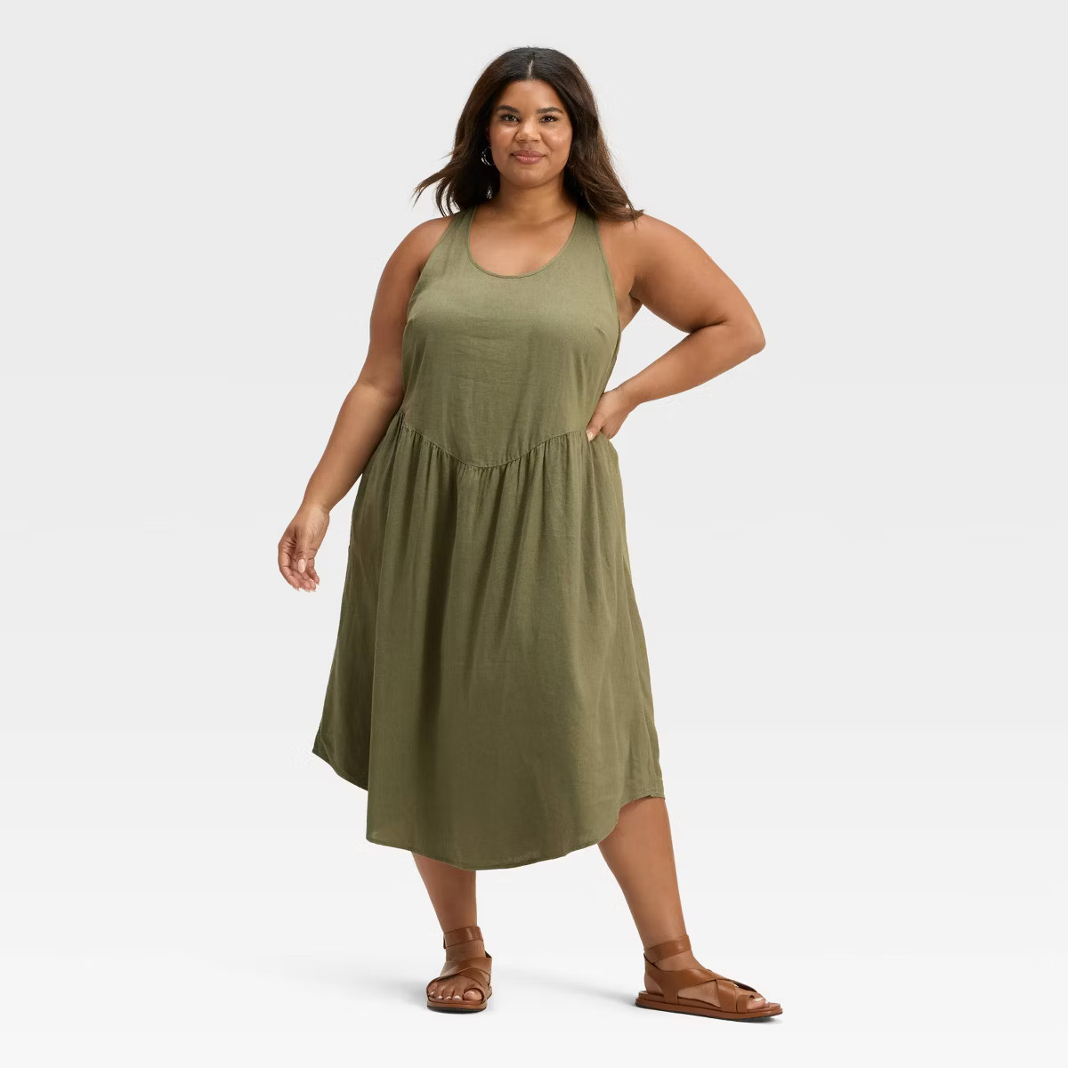 Women's Drop Waist Midi A-Line Dress - Universal Thread™ Olive Green 1X | Target