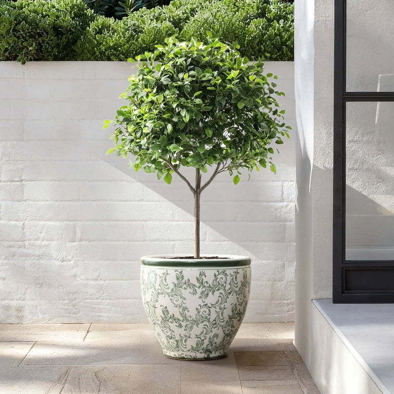 LuxenHome 15.5" Dia Green and White Round Planter Pot with Floral Pattern, Large Ceramic Flower P... | Walmart (US)