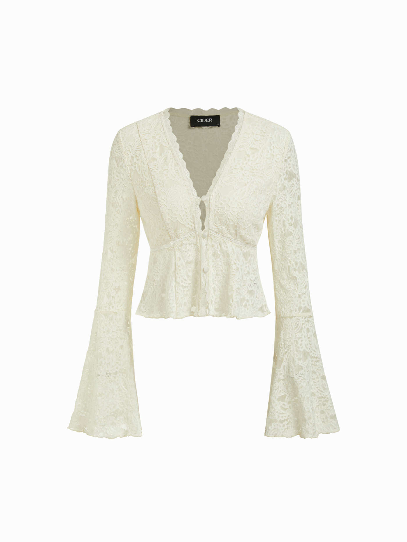 Kant Floral Lace V-Neck Bell Sleeve Cropped Top For Dagelijkse casual Datum | Cider