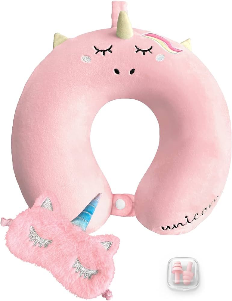 Neck Travel Pillow for Kids, Unicorn Airplane Memory Foam Pillow with Cute Sleep Mask & Earplugs,... | Amazon (US)