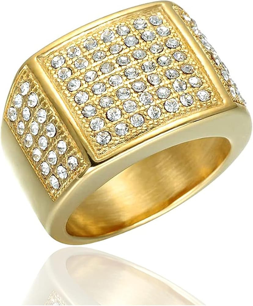 Xusamss Hip Hop Plated 18K Gold Stainless Steel Square Crystal Ring | Amazon (US)