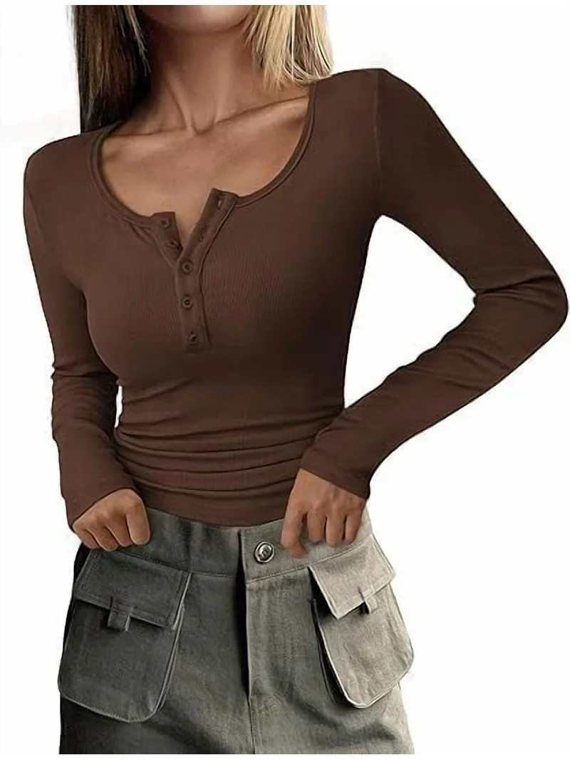 PRETTYGARDEN Women's 2025 Spring Fall Long Sleeve Henley T Shirts Button Ribbed Knit Slim Fit Cas... | Walmart (US)