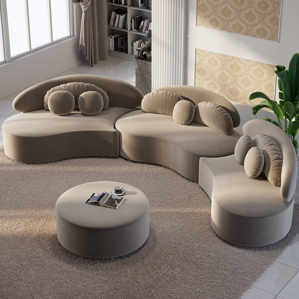 Modern Khaki 4 Pieces Curved Sectional Modular Sofa Velvet Upholstered with Ottoman | Homary
