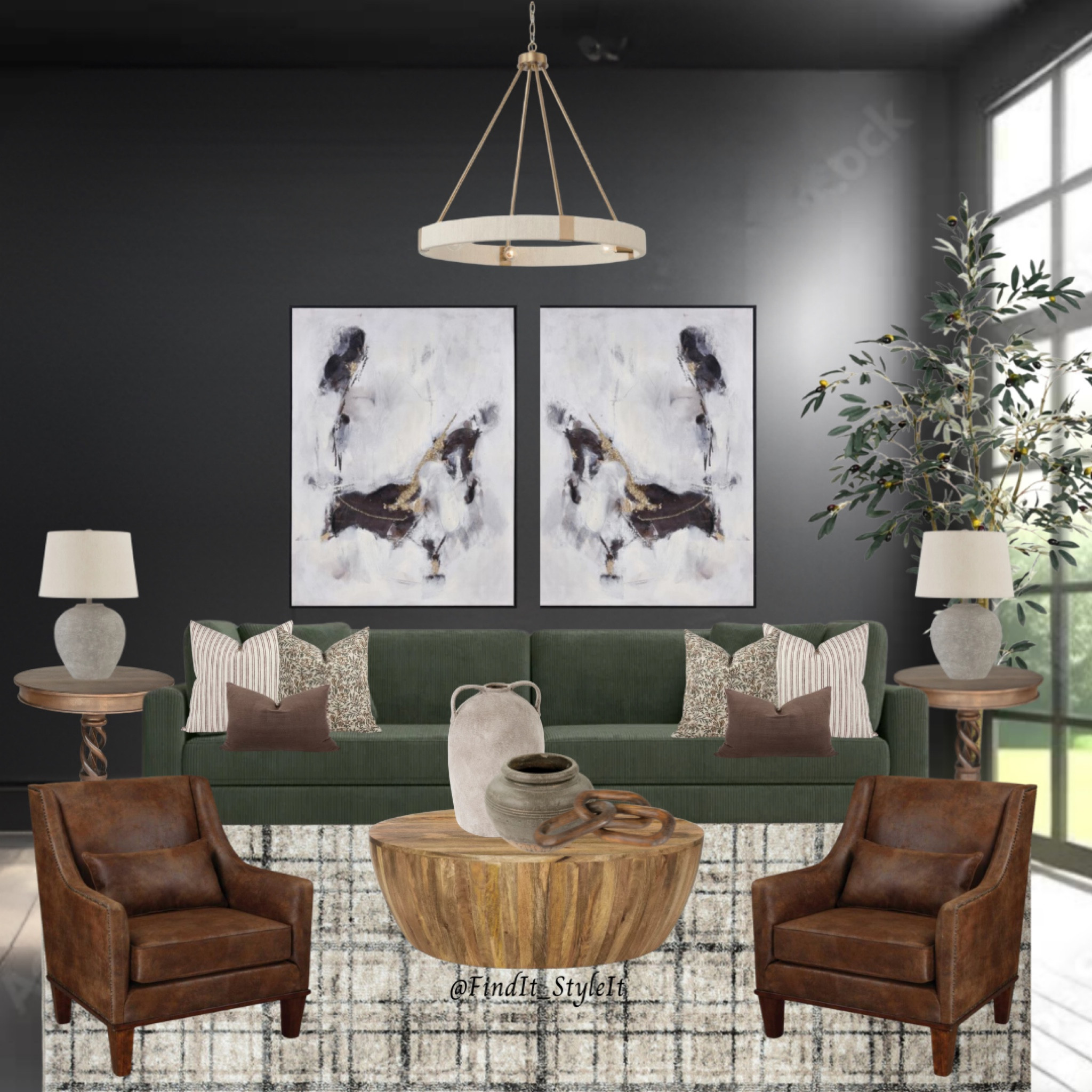 Moody living room. 

Abstract art, green sofa, leather chairs, round coffee table, faux olive tree

#LTKsalealert #LTKfamily #LTKhome