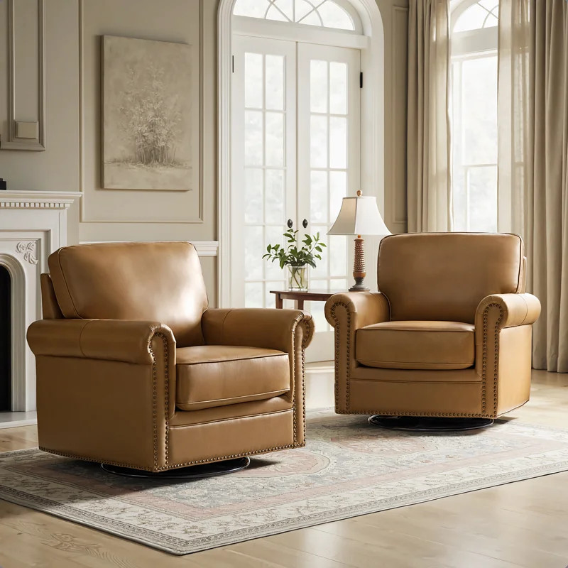 Auer Traditional Genuine Leather Swivel Rocker Chair Set of 2 | Wayfair North America
