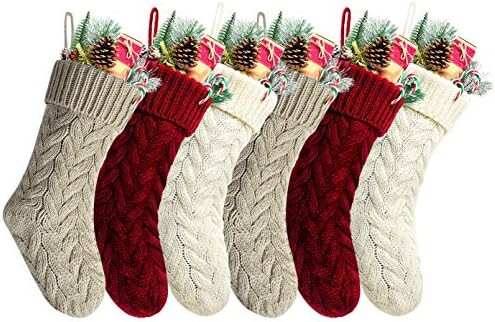 Pack 6,18" Unique Burgundy and Ivory White and Khaki Knit Christmas Stockings Style3 | Amazon (US)