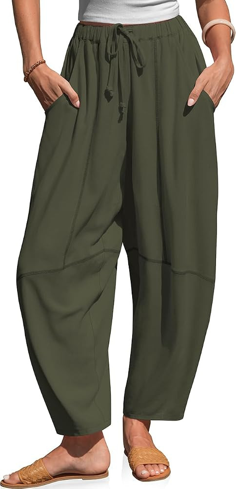 TARSE Womens Linen Barrel Pants Baggy Wide Leg Lounge Pants with Pockets | Amazon (US)