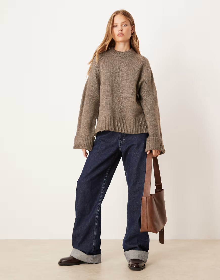 Gina Tricot relaxed crew neck folded sleeve knitted sweater in brown melange | ASOS (Global)