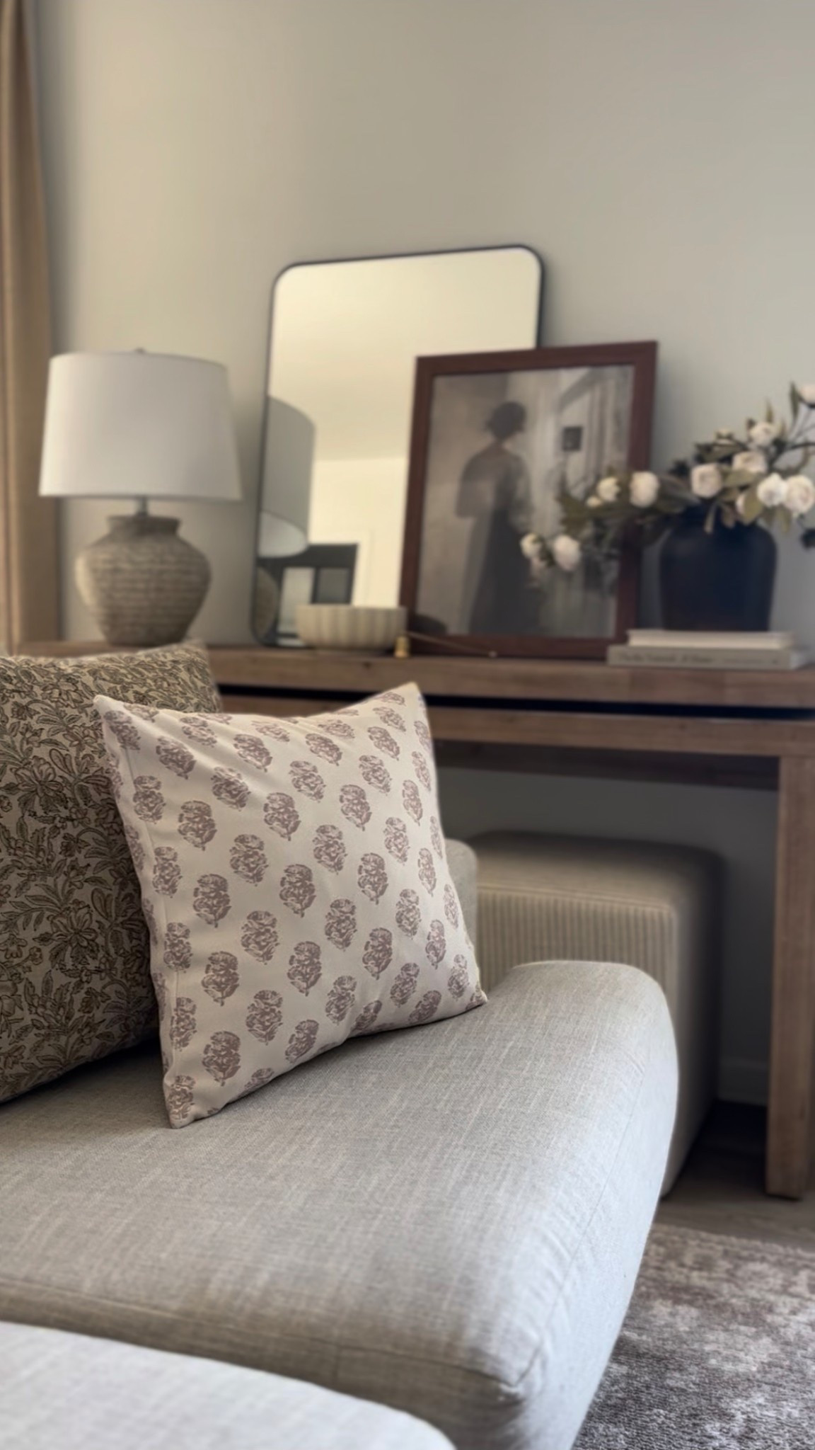 Neutral living room, throw pillow, pillow decor, wooden console table, table lamp, white peonies, neutral decor, living room decor, entryway decor, console table styling 

#LTKHome #LTKSaleAlert #LTKFindsUnder100