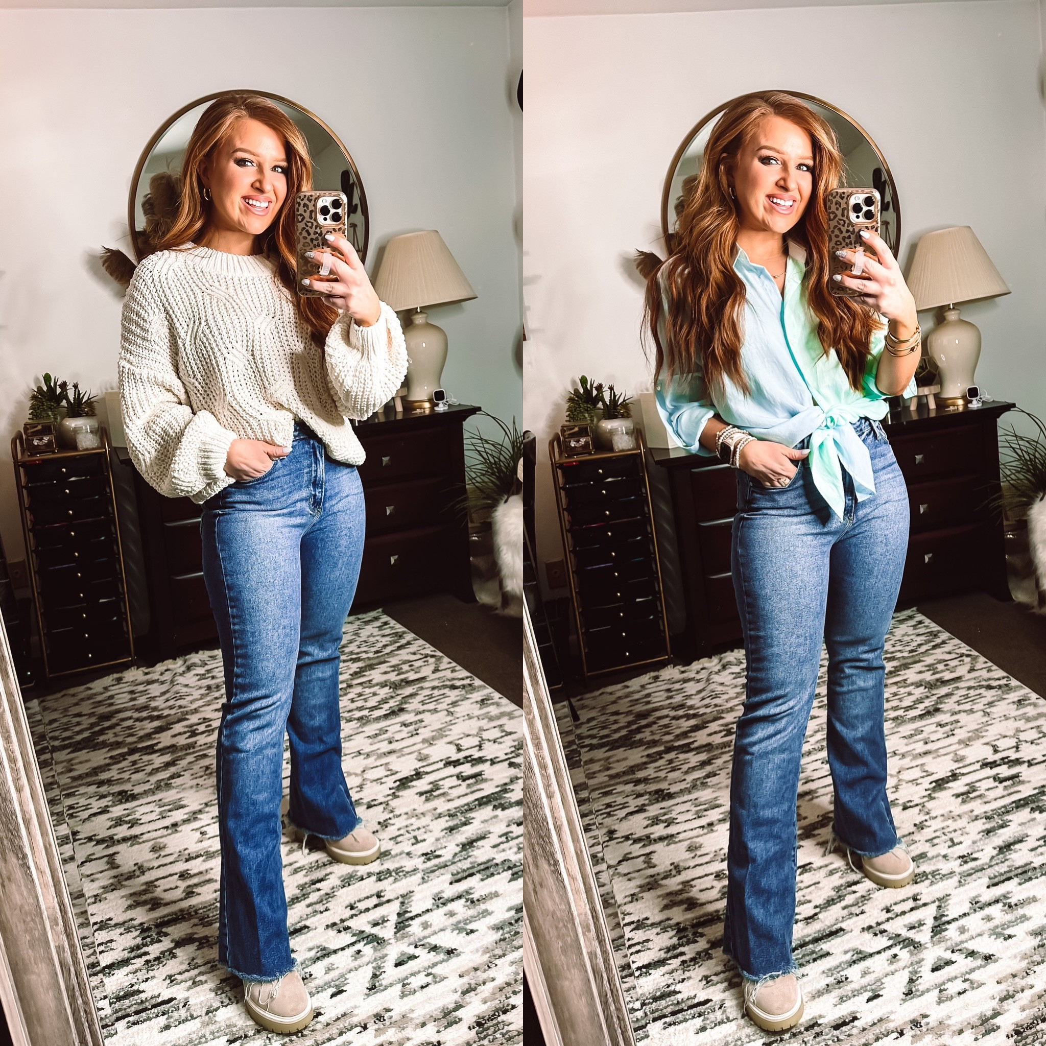 Flare jeans in size 28
Chenille cream sweater in size small 
Colorblock button up in size small 

All from red dress boutique 



#LTKunder100 #LTKSeasonal #LTKFind