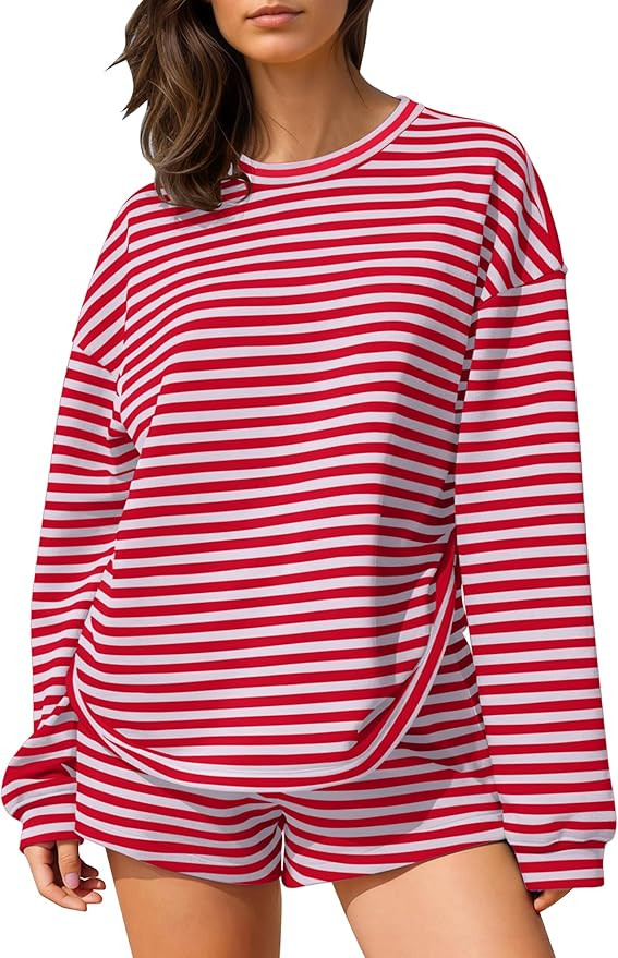 MISSACTIVER Women's Striped Lounge Set Long Sleeve Tee Shirts Drawstring Wide Leg Shorts Matching... | Amazon (US)