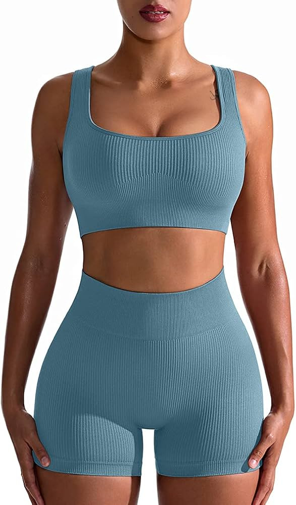 OQQ Workout Outfits for Women 2 Piece Seamless Ribbed High Waist Leggings with Sports Bra Exercis... | Amazon (US)