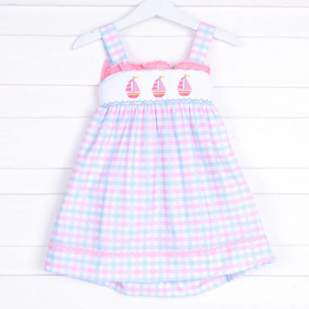 Sailboat Smocked Sundress Pink and Blue Plaid | Classic Whimsy