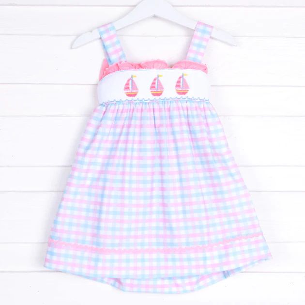 Sailboat Smocked Sundress Pink and Blue Plaid | Classic Whimsy