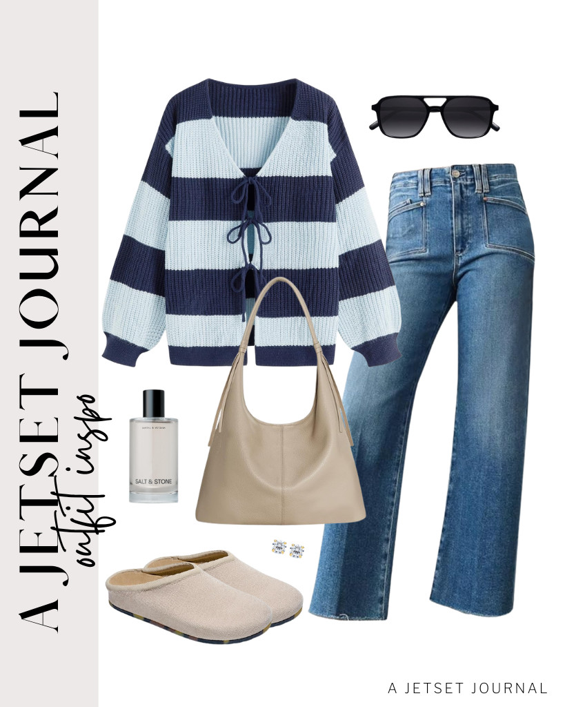 A striped blue CIDER cardigan sweater also pairs perfectly with Astylish wide-leg jeans. This look goes well with Project Cloud casual clogs and befen slouchy purse. Add these stud earrings and spray this Salt & Stone Signature Duo, too! 

 #LTKSeasonal #LTKSaleAlert #LTKTravel