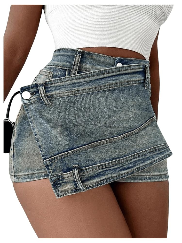 SHENHE Women's Vintage Mini Denim Skorts Wrap Overlay Irregular Stretchy Cargo Shorts | Amazon (US)