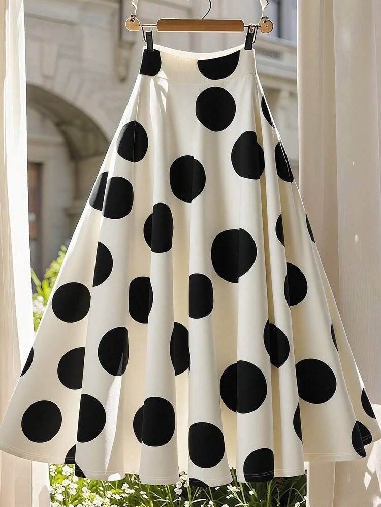 Franclia Casual Fashion All-Match Elastic Waistband Daily Versatile Black Polka Dot Large Skirt Mid-Length Large Polka Dot Spring And Autumn Office Skirt Autumn And Winter Matching Commuting All-Match Autumn Outing Dress Ladies Elegant Skirt Ladies New Skirt | SHEIN