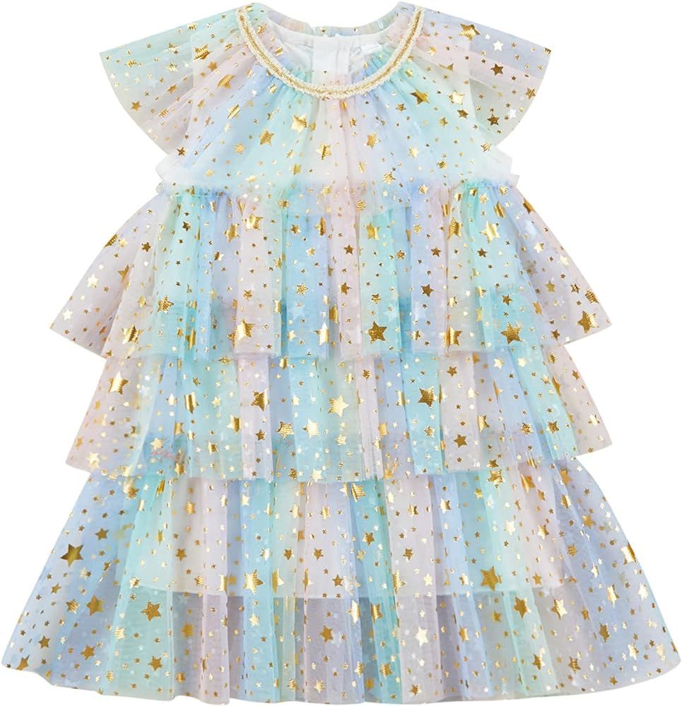 Toddler Baby Girl Sequins Dress Sleeveless Rainbow Stars Print Mesh Tulle Dress Summer Layered Pr... | Amazon (US)