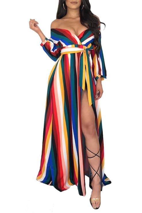 Women's Sexy V Neck Long Sleeve Striped Long Maxi Dress Button Down Shirt Dress | Amazon (US)