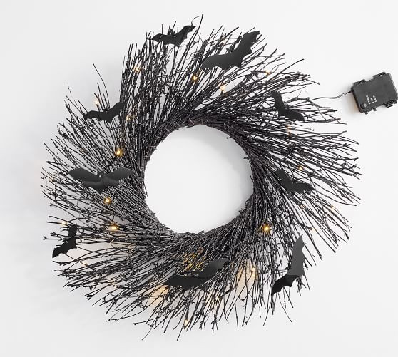 Pre-Lit Black Glitter Branch Wreath and Garland with Bats | Pottery Barn (US)