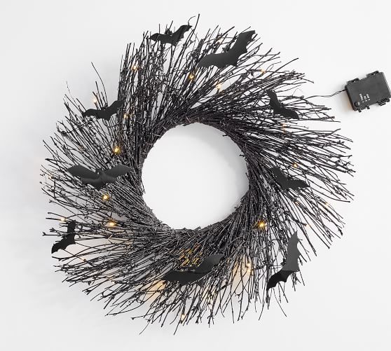 Pre-Lit Black Glitter Branch Wreath and Garland with Bats | Pottery Barn (US)
