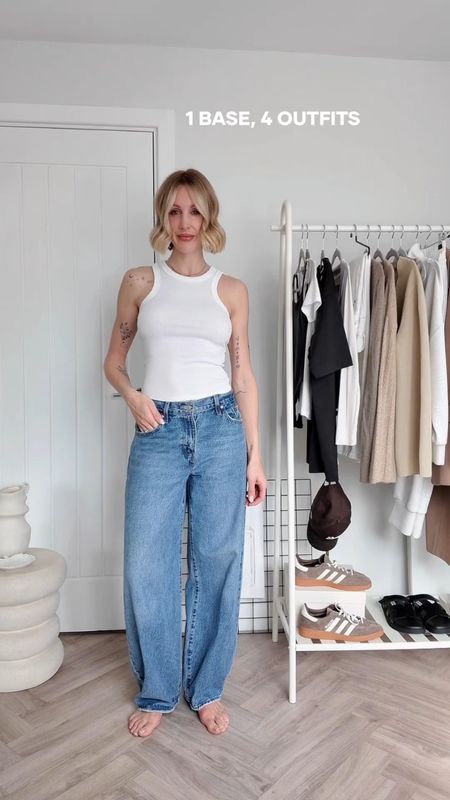 One base X four spring outfits styled from my recent spring capsule wardrobe staples! A pair of 90s baggy jeans and a tank top is one of my easy go to casual outfit bases, which can easily be switched up into lots of different outfits from your wardrobe capsule rail!#capsulewardrobe #basics #wardrobestaples 

#LTKSeasonal #LTKfindsunder100 #LTKstyletip
